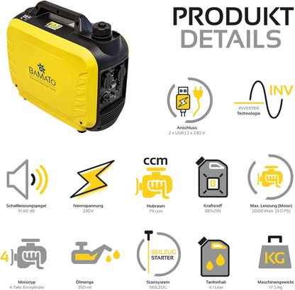 BAMATO BGE-2000I Inverter stroomgenerator | 2000 Watt | Inverter-technologie | 64,1 dB(A) | twee 230 V wisselstroomstopcontacten en twee 2,1 A snel ladende USB-poorten