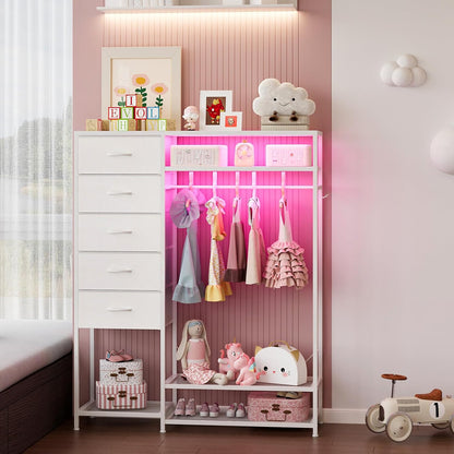 Trironsun Commode met 5 laden, kledingstang, LED-verlichting, laadstation, stoffen commode met houten plaat voor slaapkamer, woonkamer of kinderkamer (wit)