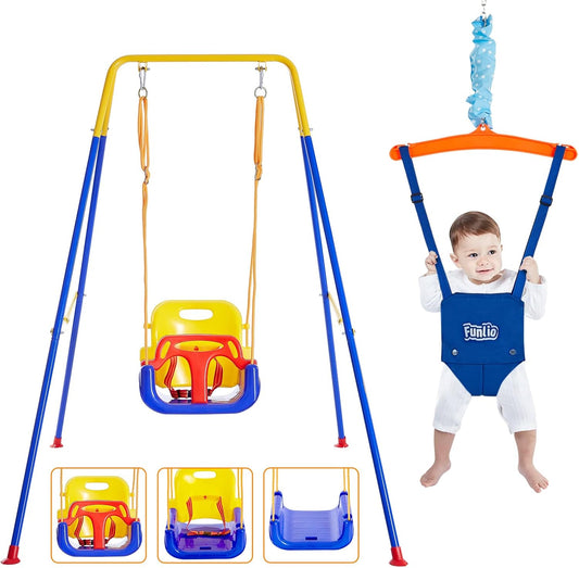 FUNLIO 2-in-1 schommelset met deurkrik, schommel en rebounder voor kinderen, 4 zandzakken, metalen standaard, inklapbaar voor binnen en buiten, eenvoudig te monteren