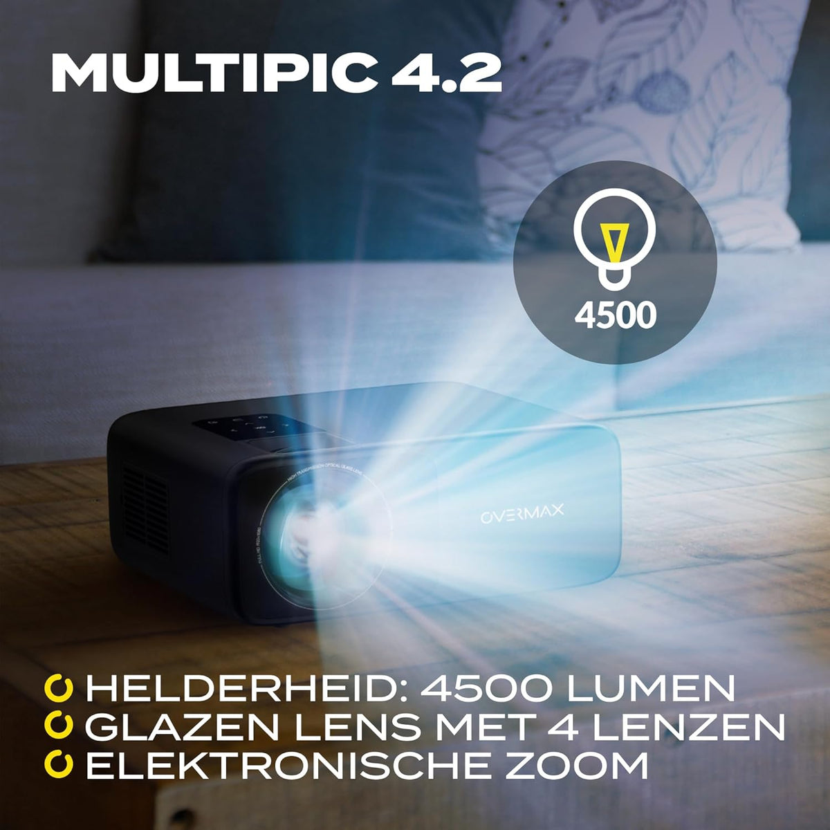 Overmax Multipic 4.2 Full HD 1080p LED Projector: 200" Groot Scherm 4500 Lumen 50000u Lampduur Wi-Fi & BT HMDMI USB Ingebouwde Luidspreker Beleef EURO 2024 en Filmavonden Thuis in Ultieme HD Kwaliteit