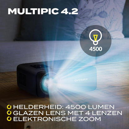 Overmax Multipic 4.2 Full HD 1080p LED Projector: 200" Groot Scherm 4500 Lumen 50000u Lampduur Wi-Fi & BT HMDMI USB Ingebouwde Luidspreker Beleef EURO 2024 en Filmavonden Thuis in Ultieme HD Kwaliteit