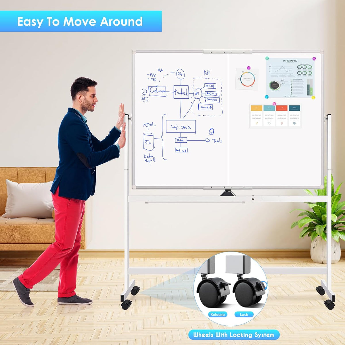maxtek Rolling whiteboard, 48 x 36 cm, groot magnetisch wit bord met standaard, groot dubbelzijdig wit bord, droog wissen op wielen, voor thuisonderwijs, thuiskantoor, kantoor, school (zilver, 48 x 36