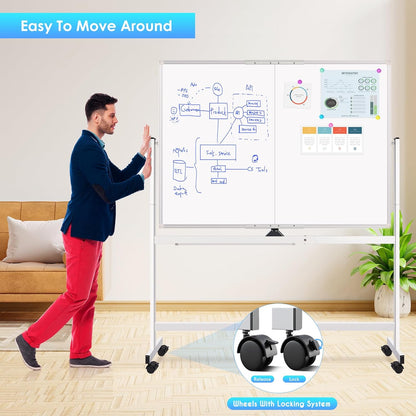 maxtek Rolling whiteboard, 48 x 36 cm, groot magnetisch wit bord met standaard, groot dubbelzijdig wit bord, droog wissen op wielen, voor thuisonderwijs, thuiskantoor, kantoor, school (zilver, 48 x 36