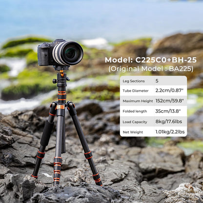 K&F Concept Camera Statief,Lichtgewicht Carbon Reisstatief, Compacte Fotografie Statief met Monopod, 360° Balhoofd en Vrijgaveplaat voor DSLR Camera voor DSLR-camera C225C0+BH-25 (BA225)