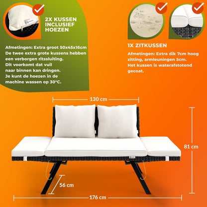 Casaria Polyrattan Garden Bench with Reclining Function Cushion Adjustable Armrests Weatherproof Garden Terrace Balcony Black - QUORE