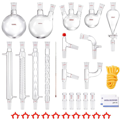Laboratoriumglasdistillatieset – Glasdistillatieset – Laboratoriumdestillatieset – Destillatieset – Distillatieapparatuur – 32-Delige Set 1000 Ml – Hittebestendig Borosilicaatglas 3.3 – 24/40 Slijpverbindingen