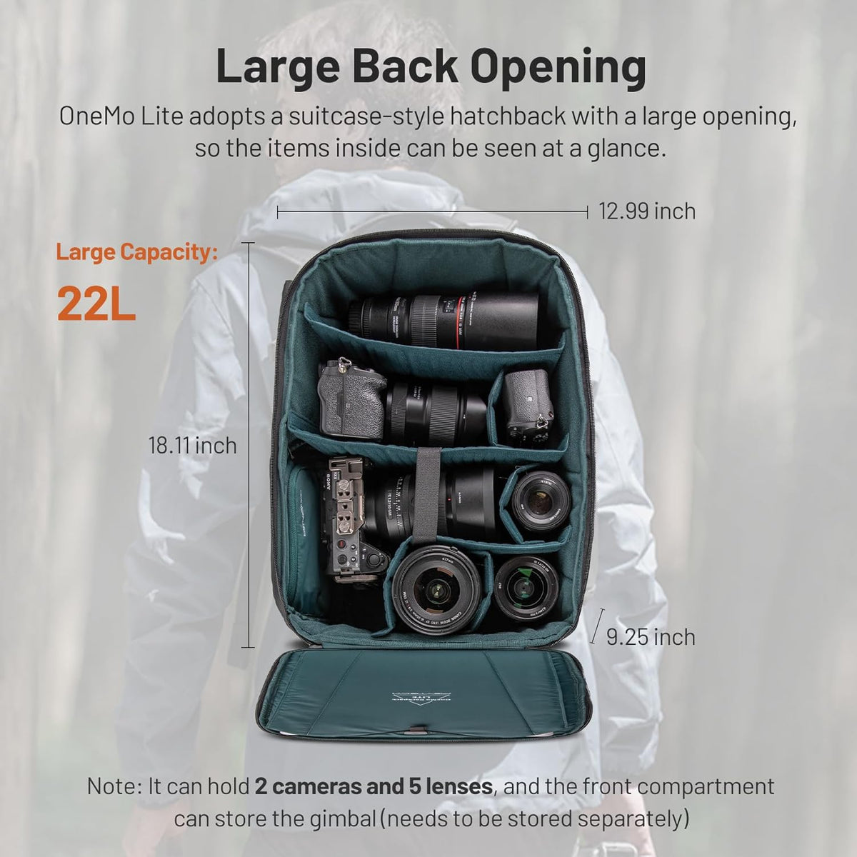 PGYTECH OneMo Lite Camera Rugzak 22L professionele Cameratas Fotorugzak geschikt voor Sony/Canon/Nikon/Mini 3 Pro/DJI AVATA/Air 2S/FPV/Mavic 3/ DSLR/SLR spiegelloze camera's (Zwart)
