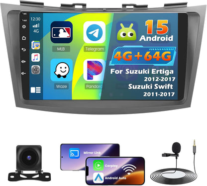 Roinvou 4+64G Android 15 Car Stereo voor Suzuki Ertiga 2012-2017 Suzuki Swift 2011-2017 Draadloze CarPlay Android Auto, 9'' Touchscreen Radio Bluetooth WiFi GPS 32EQ FM/RDS SWC AHD Achteruitkijkcamera