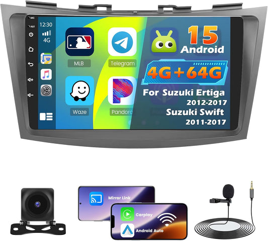 Roinvou 4+64G Android 15 Car Stereo voor Suzuki Ertiga 2012-2017 Suzuki Swift 2011-2017 Draadloze CarPlay Android Auto, 9'' Touchscreen Radio Bluetooth WiFi GPS 32EQ FM/RDS SWC AHD Achteruitkijkcamera