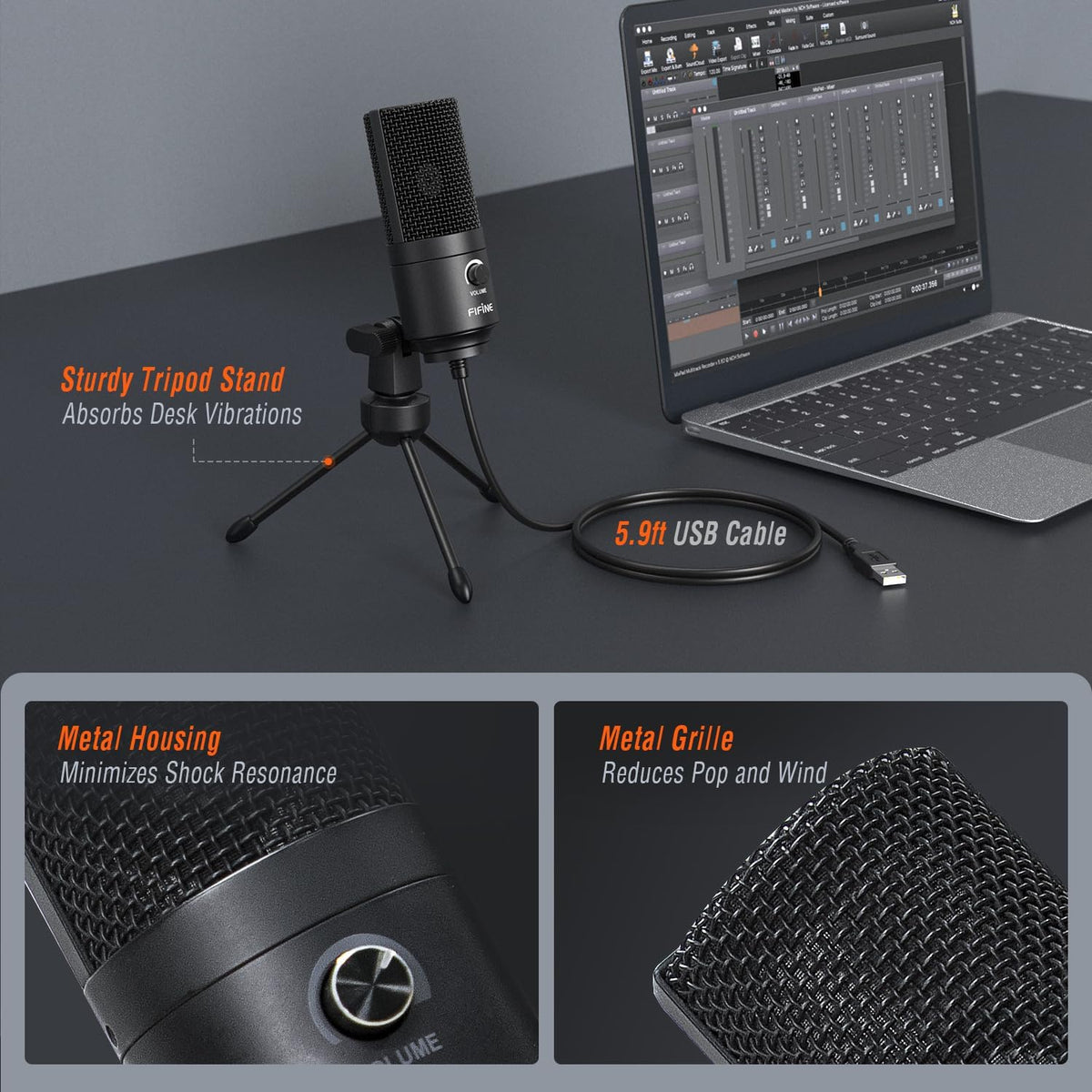 USB-Microfoon Zwart – Condensatormicrofoon – Studio Opnamemicrofoon – Streamingmicrofoon – Podcastmicrofoon – Plug & Play Via USB – Cardioïde Opnamepatroon
