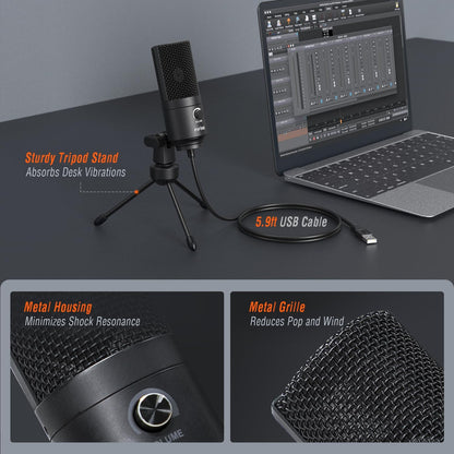 USB-Microfoon Zwart – Condensatormicrofoon – Studio Opnamemicrofoon – Streamingmicrofoon – Podcastmicrofoon – Plug & Play Via USB – Cardioïde Opnamepatroon