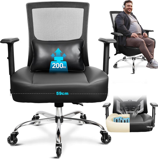 MELOKEA Bureaustoel, 200 kg, XXL, extra breed en extra dik zitkussen met binnenvering, rubberen wielen, verstelbare lendensteun, traploze kantelvergrendeling, voor gaming en kantoor, inclusief