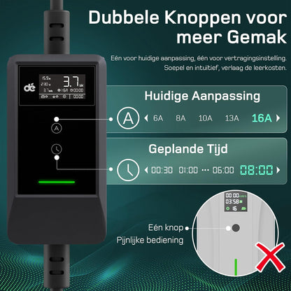 dé EV Charger Type 2 Schuko 3,7kW [5,5m, 1-Fase, 6-16A] Thuislader Type 2 met Digitaal Display, Instelbare Stroom, EV Oplader 3,7kW voor Model Y/3, ID.3/4, EX30, Enyaq en andere EV/PHEV