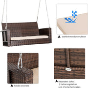 Hangstoel - Schommelbank - Hangbank - 2-zits - Rotan Tuinschommel - Hangende Schommel - Veranda Tuinbank - met Zitkussen - voor Buiten - Tuin - 127 x 57.5 x 60 cm - Bruin