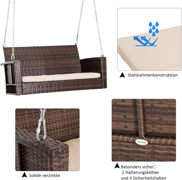 Hangstoel - Schommelbank - Hangbank - 2-zits - Rotan Tuinschommel - Hangende Schommel - Veranda Tuinbank - met Zitkussen - voor Buiten - Tuin - 127 x 57.5 x 60 cm - Bruin