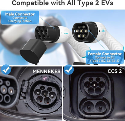 22kW 32A Type 2 EV-oplaadkabel, 7 m draagbare type 2 EV laadkabel | 480 V | 3-fasen | IP55 | voor alle IEC62196-2 EV's en plug-in hybride mennekes model 3/X/Y/S, met gratis opbergtas