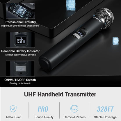 Draadloos Microfoonsysteem – Draadloze Microfoonset – Karaoke Microfoonset – Handmicrofoonset – UHF Microfoonset – 2 Handmicrofoons – Automatische Kanaalscan – Bereik Tot 100 Meter