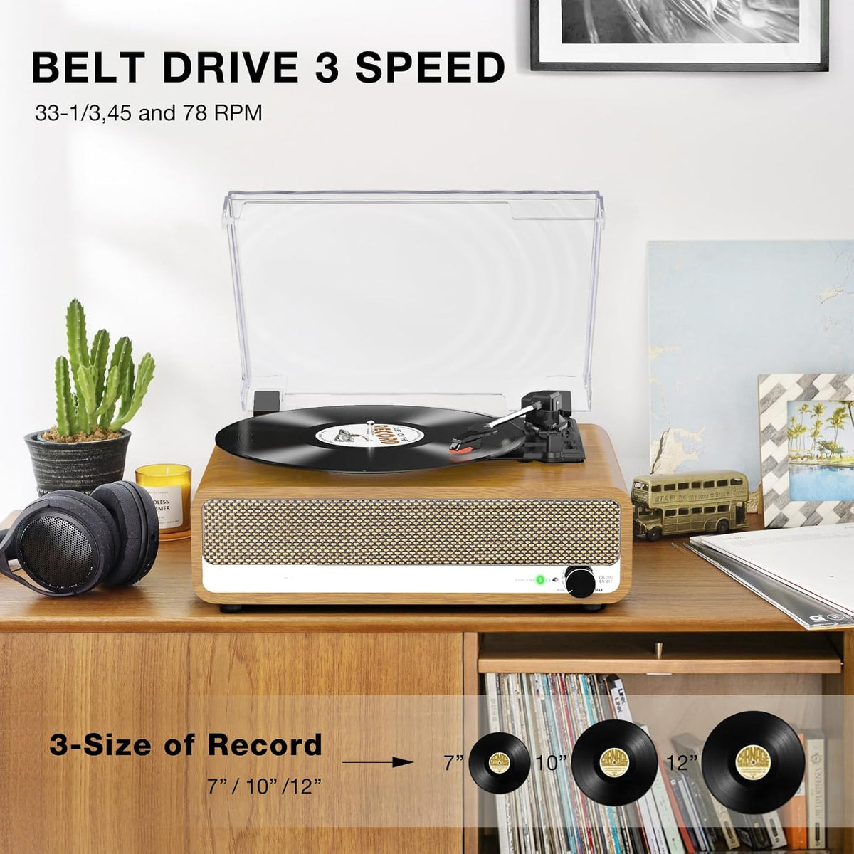 Platenspeler - Geïntegreerde Luidsprekers - Vintage Fonograaf - met Bluetooth-Riemaandrijving - 3 snelheden - voor Muziekgenot - Woondecoratie - Hout - Goud