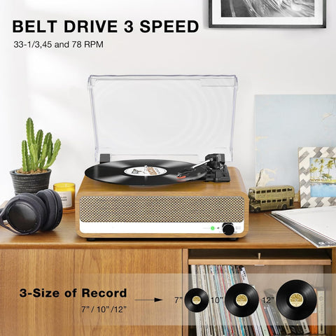 Platenspeler - Geïntegreerde Luidsprekers - Vintage Fonograaf - met Bluetooth-Riemaandrijving - 3 snelheden - voor Muziekgenot - Woondecoratie - Hout - Goud