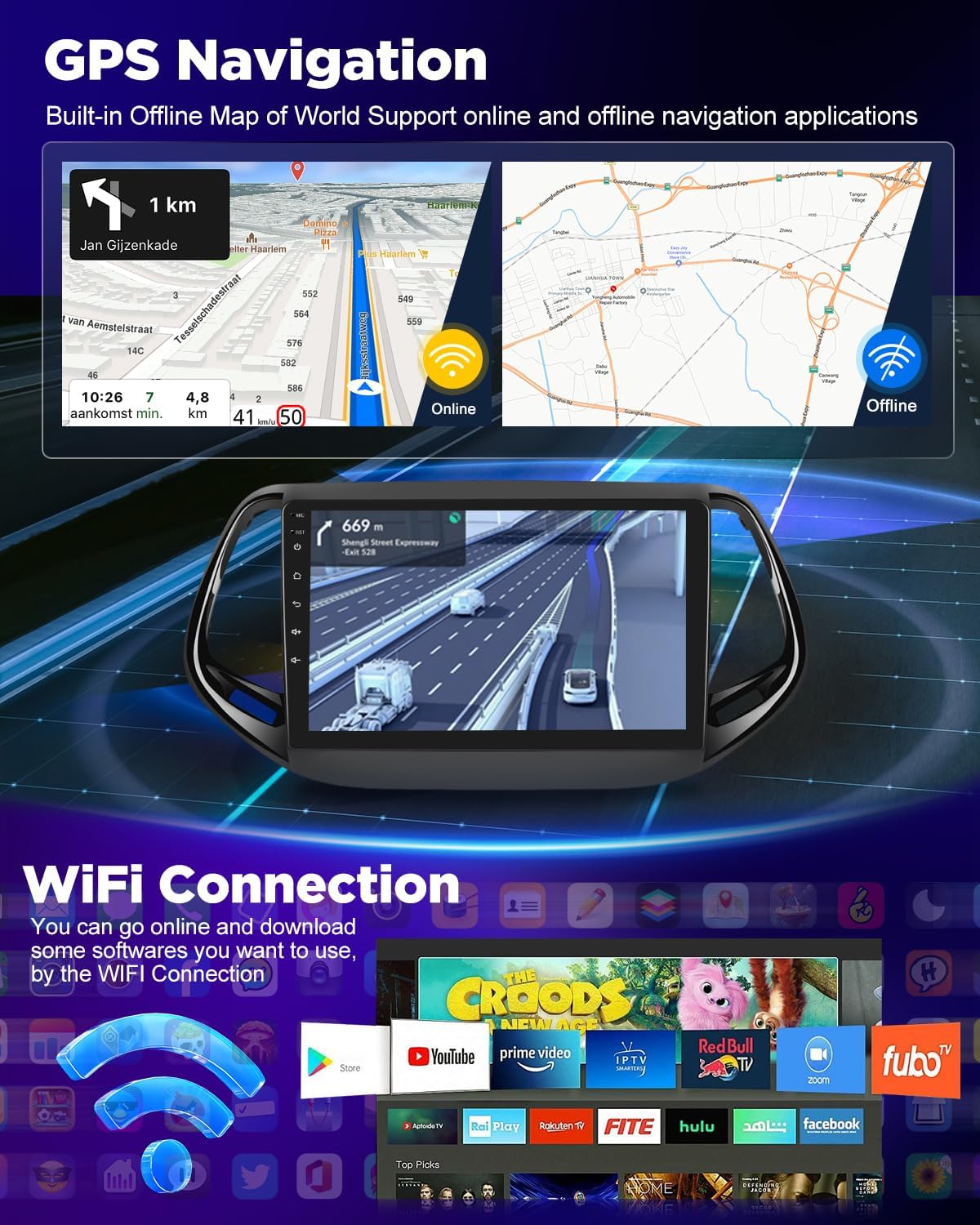 NHOPEEW 8 Core 6+128G Android autoradio voor Jeep Compass 2017-2019 met Wireless Carplay & Android Auto DSP WiFi GPS stuurbediening 360°-panoramisch zicht