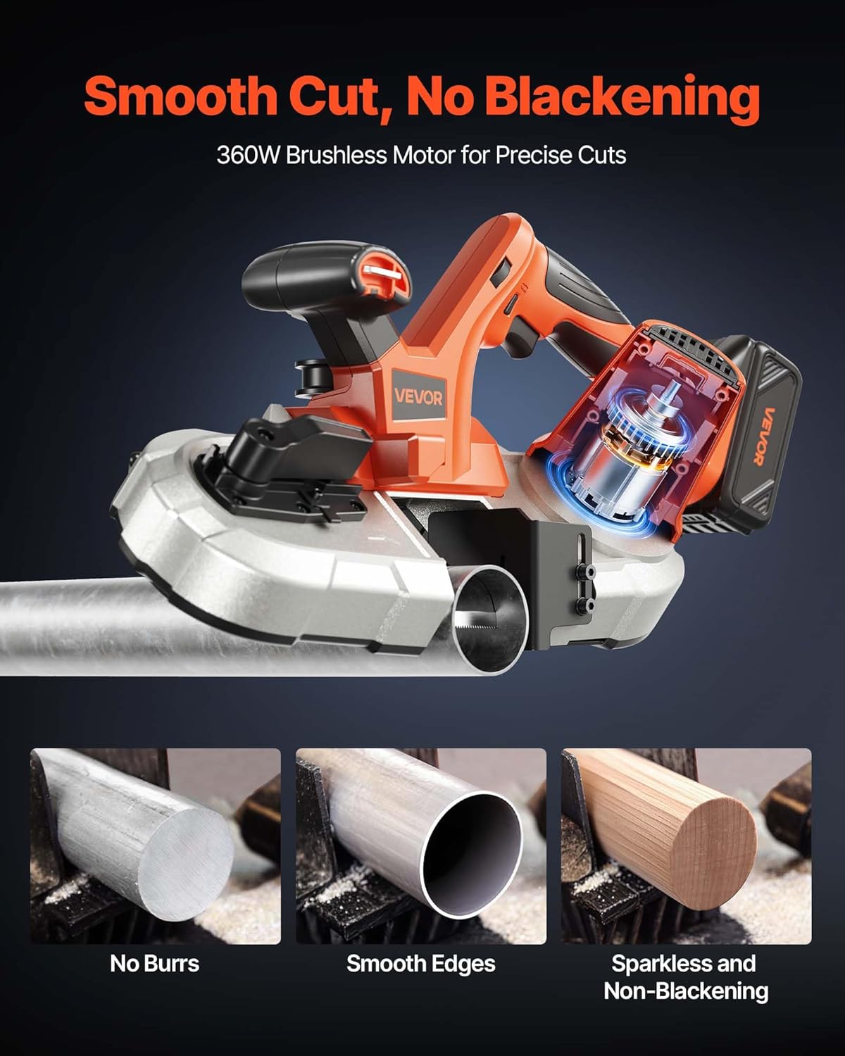 VEVOR 20 V cordless band saw, 65 x 65 mm cutting depth, metal band saw with brushless motor, 4000 mAh battery and charger, 0-192 m/min variable speed, ideal for cutting metal and wood