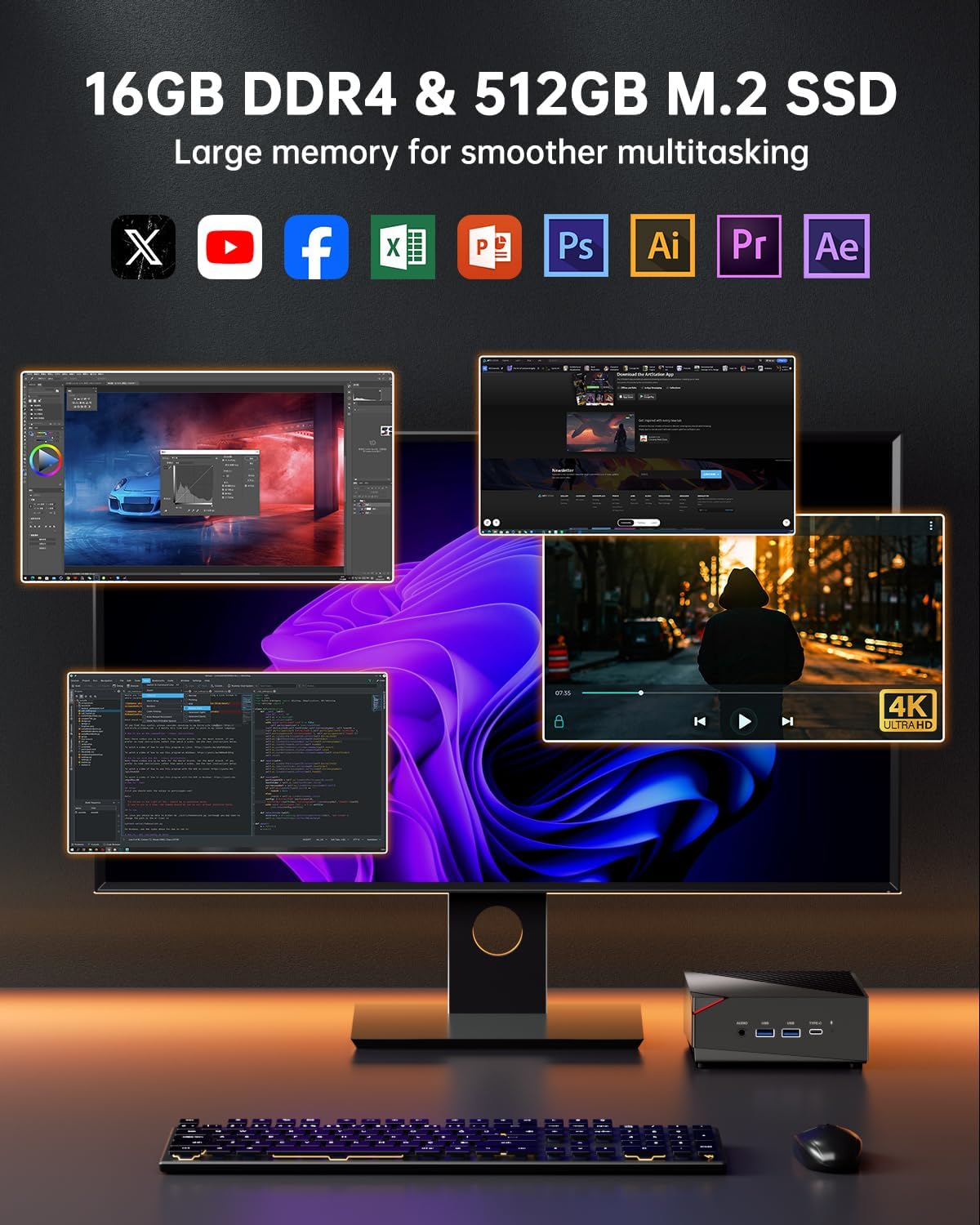 NiPoGi Mini-pc, AMD Ryzen 5 5500U mini-gaming-pc (6C/12T, tot 4,0 GHz), 16 GB DDR4 RAM 512 GB M.2 SSD-minicomputer met dubbel Gigabit Ethernet, 4K HDMI+DP+Type-C/WiFi 5/BT 4.2/voor games/kantoor/thuis