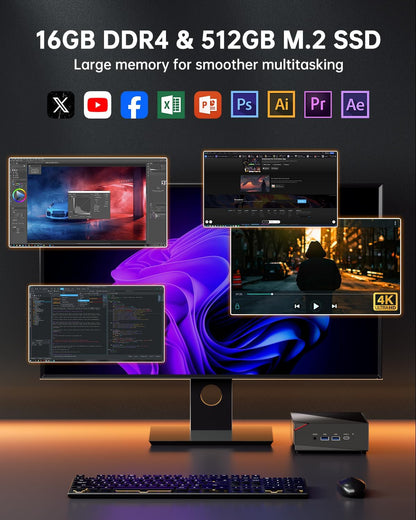 NiPoGi Mini-pc, AMD Ryzen 5 5500U mini-gaming-pc (6C/12T, tot 4,0 GHz), 16 GB DDR4 RAM 512 GB M.2 SSD-minicomputer met dubbel Gigabit Ethernet, 4K HDMI+DP+Type-C/WiFi 5/BT 4.2/voor games/kantoor/thuis
