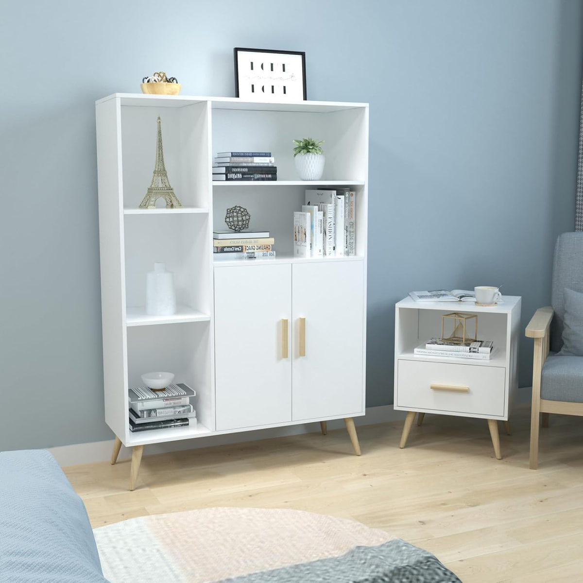 Meerveil Sideboard, commode met 2 deuren en 5 vakken, verstelbare plank, hout, voor woonkamer, slaapkamer, keuken, 85 x 30 x 120 cm, wit