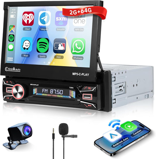 2G+64G Draadloze Carplay Android 13 Autoradio 1 Din met Android Auto Navi GPS WiFi 7 inch Auto Uitbreidbaar Scherm Autoradio met Mirror Link Bluetooth FM/RDS/DAB/SWC/EQ/DVR Achteruitrijcamera