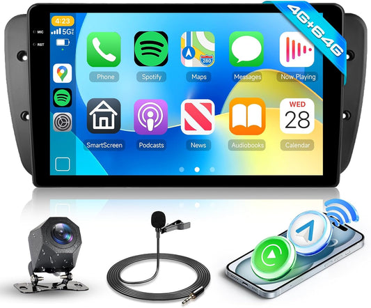Hodozzy 4G + 64 GB autoradio voor Seat Ibiza 2009-2013 Android InCell touchscreen 9 inch Carplay Android Auto draadloos, radio 2 DIN auto voor Seat Ibiza GPS Bluetooth DSP WiFi FM RDS