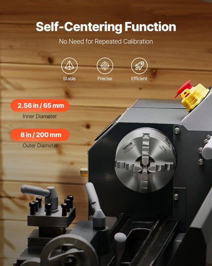 VEVOR 4 Jaws, 200 mm, Self-Centering Drill Chuck with 1 1/2"-8 Thread Support Plate, 4-200 mm Clamping Range with T-Wrench Screws, HT300 Material, for Wood Metal Lathe