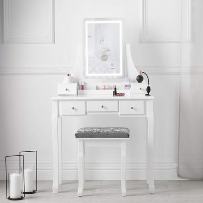 ice cream what's your flavour? Luxury Dressing Table with Touch Sensor Vanity Mirror LED Lighting & Stool 5 Drawers Set For Bedroom Makeup Jewelry Storage (DT010-TBPLUG WHITE) - QUORE