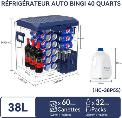 BINGI Compressor Koelbox, 38 Liter Draagbare Auto Koelkast, 12/24 V DC en 230 V AC voor Auto, Vrachtwagen, Camping, Camper en Stopcontact