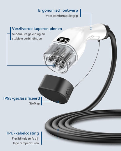 Type 2 Laadkabel (22 kW, 8 m, 32A, 3-fase, Mode 3) – Type 2 naar Type 2 EV-laadkabel, voor wallboxen en laadstations, compatibel met alle elektrische voertuigen en plug-in hybrides