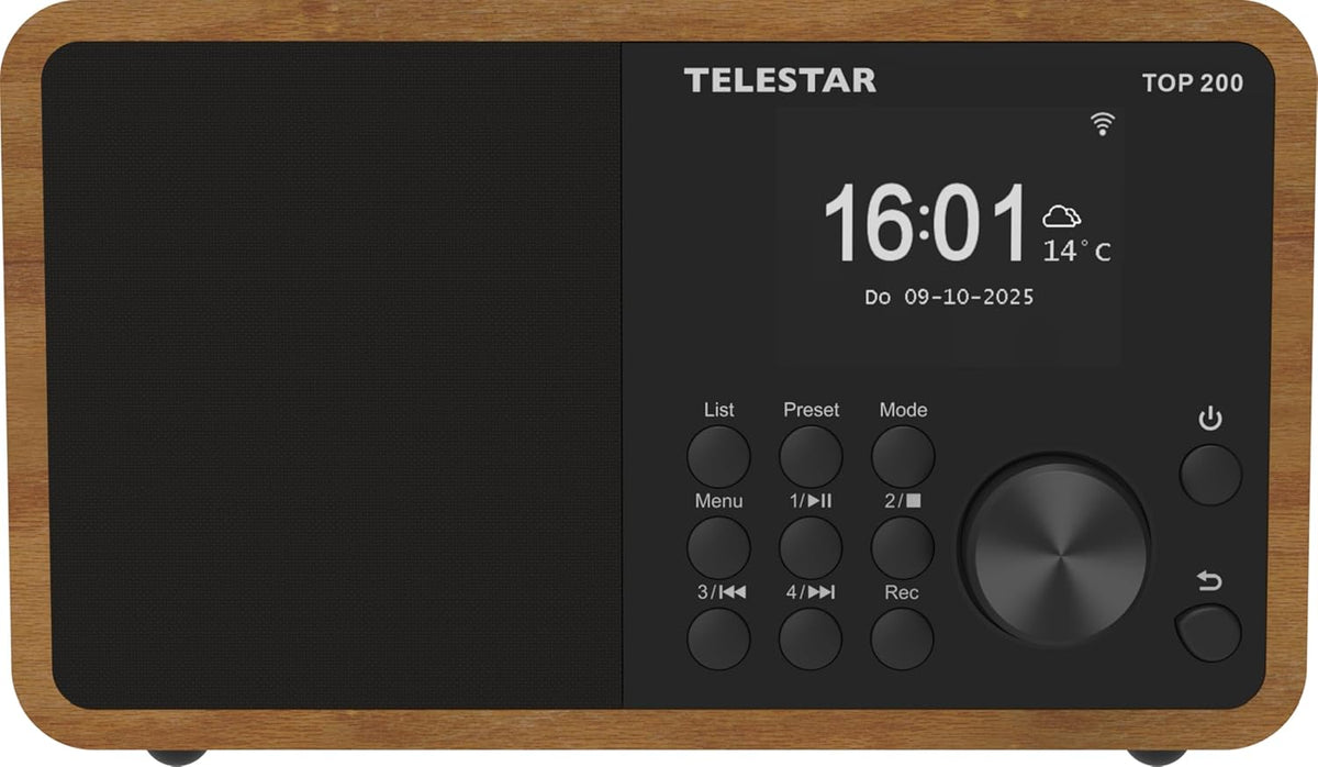 TELESTAR TOP 200 – DAB+/internetradio (mono, 10 watt, Bluetooth zender/ontvangstfunctie, USB-opname, noodwaarschuwingssysteem, app-bediening) – hout
