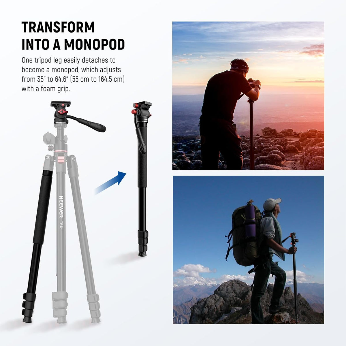 NEEWER Horizontaal monopod statief voor camera met vloeibare kop en flexibele middenkolom, 228 cm hoge metalen DSLR-video-reishouder, Arca-QR-code en omgekeerde voeten, belasting 6 kg, TP64