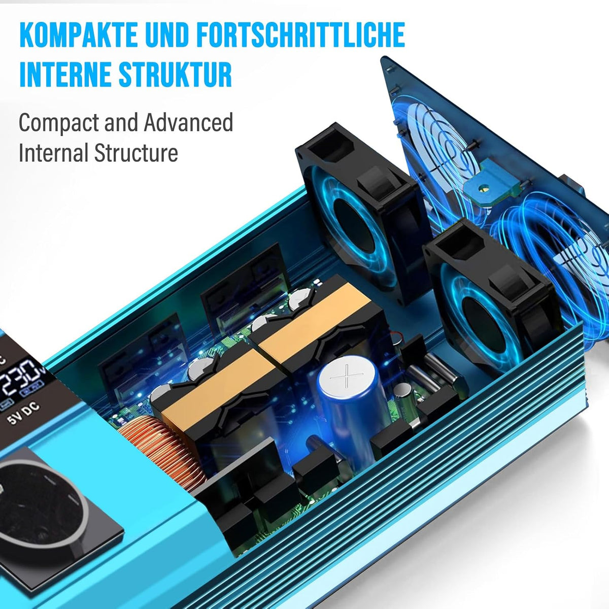Yinleader Omvormer 2600 W/5200 W zuivere sinus spanningsomvormer 24 V 230 V met 3 Europese stopcontacten en 4 USB-poorten LCD-display voor de spanning