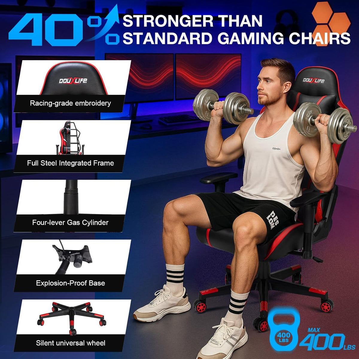 Douxlife Gaming Stoel, met 7-punts Massage, Ergonomische bureaustoel met Voetensteun, 90-175° Rugleuning Instelbaar, Verstelbare 2D-Armleuning, PC-gamerstoel, Bureaustoel, 180 kg, Zwart-rood