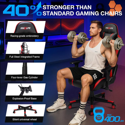 Douxlife Gaming Stoel, met 7-punts Massage, Ergonomische bureaustoel met Voetensteun, 90-175° Rugleuning Instelbaar, Verstelbare 2D-Armleuning, PC-gamerstoel, Bureaustoel, 180 kg, Zwart-rood