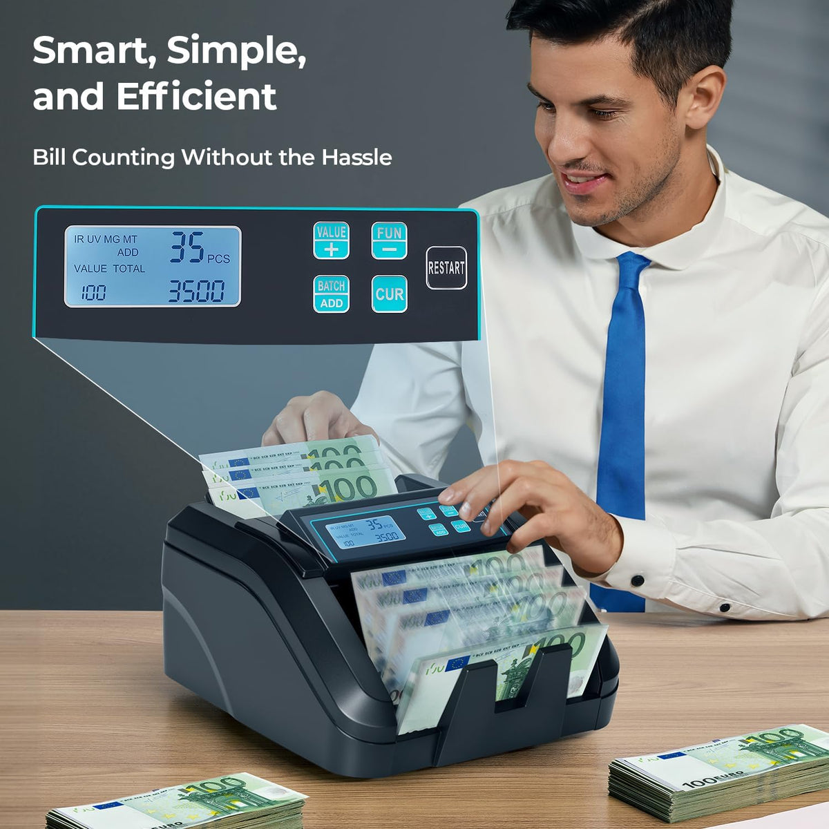 MUNBYN IMC51 geldtelmachine, add+batch/value-modus bankbiljettenteller, UV/MG/IR/MT-detectie, alleen EUR-geldteller, 1100 vellen/min, LCD-display, 2 jaar garantie, Zwart, kan gemengde noten niet