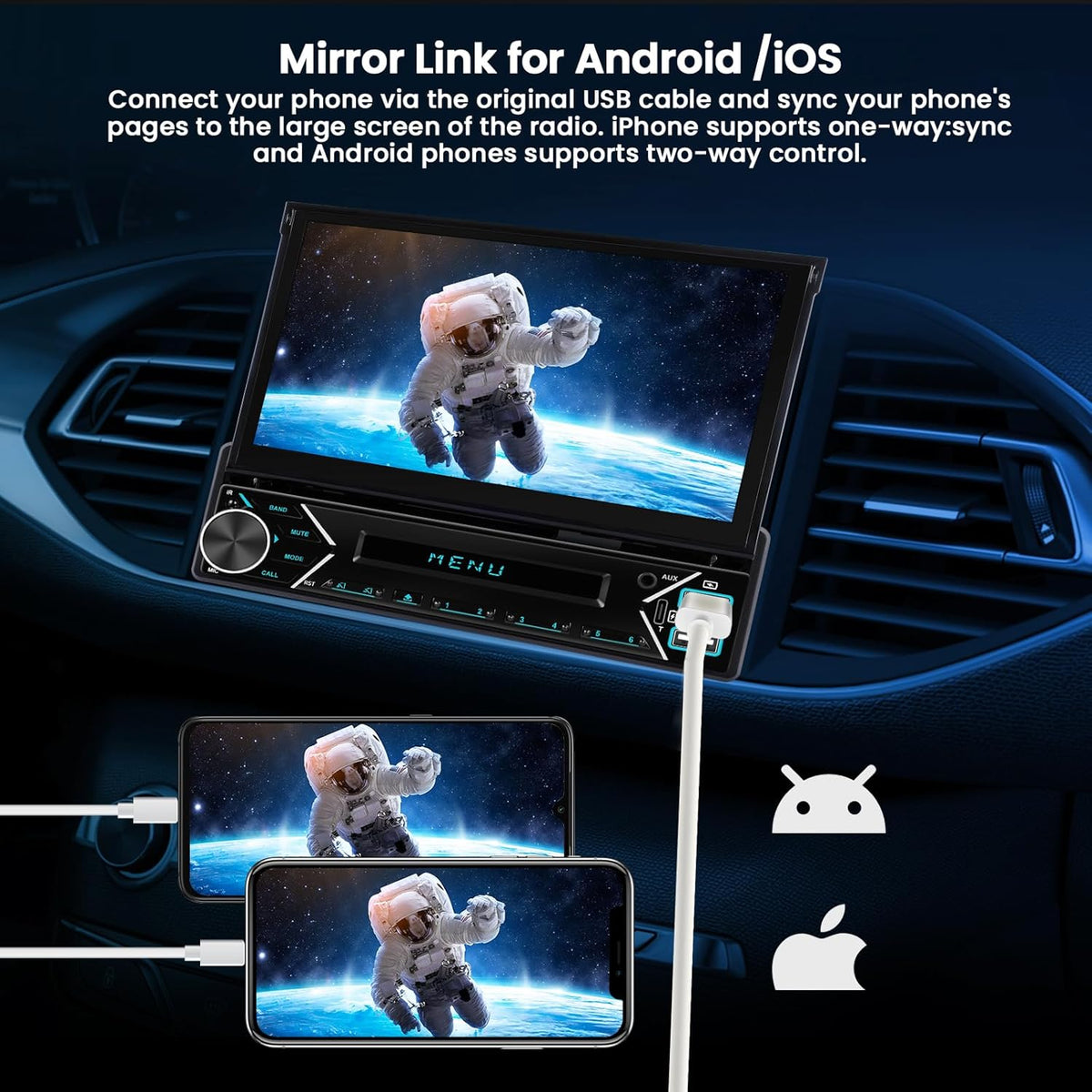 Hikity 1 DIN-autoradio met draadloze CarPlay, met 7 inch touchscreen-scherm Android Auto, met bluetooth, FM-radio, USB Type-C, AUX, achteruitrijcamera