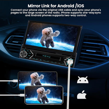 Hikity 1 DIN-autoradio met draadloze CarPlay, met 7 inch touchscreen-scherm Android Auto, met bluetooth, FM-radio, USB Type-C, AUX, achteruitrijcamera