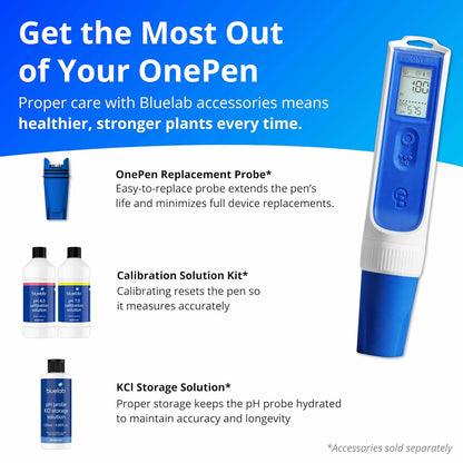 Bluelab OnePen - een 3-in-1 temperatuur-, EC/PPM- en pH-meter, bliksemsnelle meetwaarden - Bluetooth-gegevensuitwisseling & in-app-tracking - verwisselbare sonde