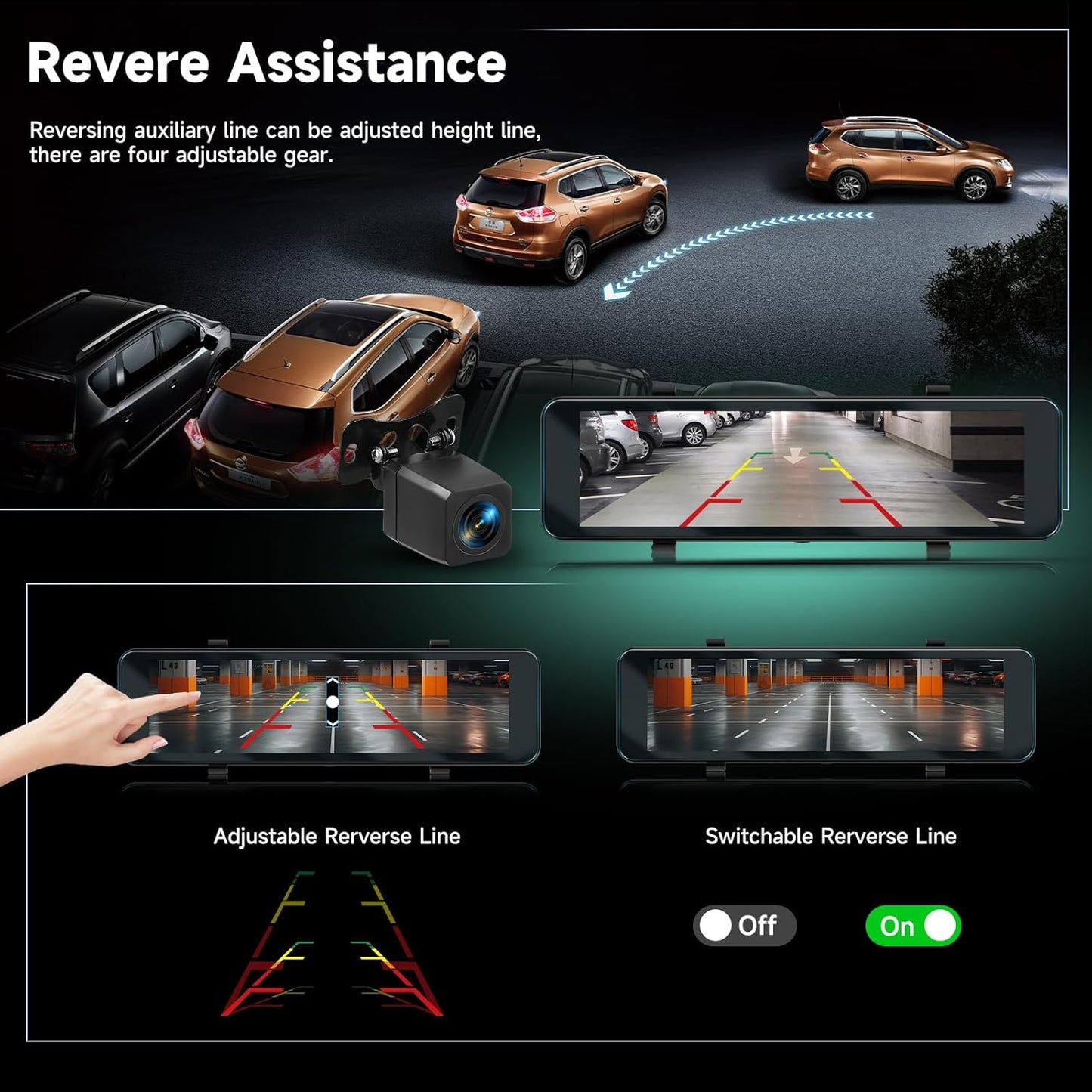 Spiegel-Dashcam – Achteruitkijkspiegel Dashcam, Spiegel Dashcam, Autocamera, Achteruitrijcamera – 10,88 Inch Touchscreen – 4K Voorcamera + 1080p Achtercamera