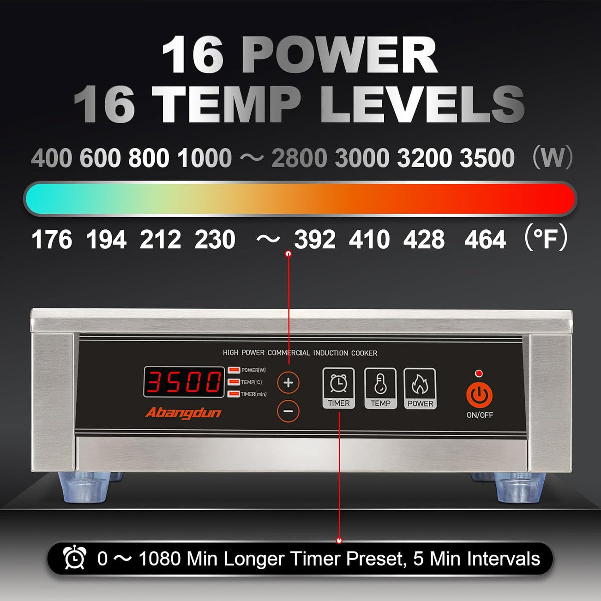Commerciële inductiekookplaat 3500 W - 190-275 V - commerciële inductiekookplaat met 16 standen, 60-240 °C, 18 uur timer, roestvrij staal en glas