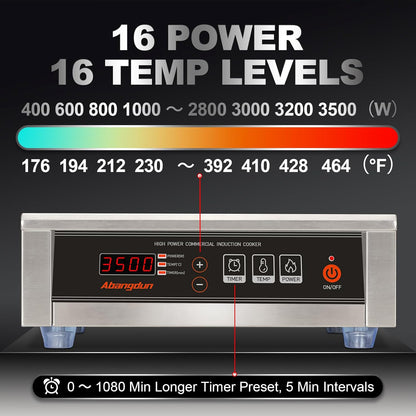 Commerciële inductiekookplaat 3500 W - 190-275 V - commerciële inductiekookplaat met 16 standen, 60-240 °C, 18 uur timer, roestvrij staal en glas