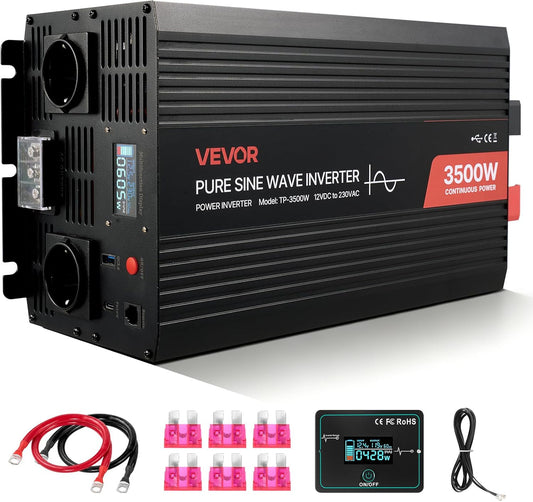 VEVOR 3500 W omvormer, zuivere sinusomvormer, 12 V DC naar 230 V AC, converter voor zonne-oplader met lcd-display, afstandsbediening, USB- en type C-aansluitingen, AC-stopcontacten