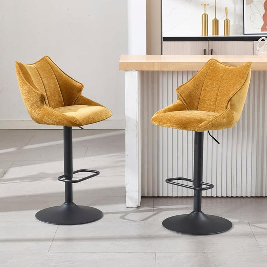 chairus Bar Stools 2 Piece Set Chenille Bar Chair, Kitchen Stool Swivel Bar Stool Upholstered, Bistro Stool Height Adjustable for Kitchen, Bar, Yellow - QUORE