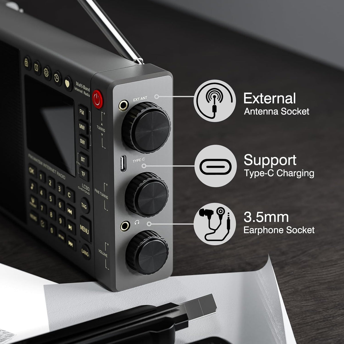 CHOYONG LC90 Wi-Fi/4G internetradio, draagbare FM/LW/MW/SW radio met oplaadbare 5000mAh batterij, 40K radiostations, BT-luidspreker, wekker, 15W stereoluidsprekers, ondersteuning TF-kaart