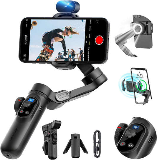 Smartphone Gimbal Stabilizer, 3-assige stabilisator voor iPhone & Android, AI Tracking Sensor (geen App), Telefoon Gimbal w/OLED-scherm/Ingebouwd Licht, AOCHUAN X Pro AI-versie